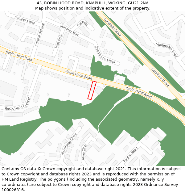 43, ROBIN HOOD ROAD, KNAPHILL, WOKING, GU21 2NA: Location map and indicative extent of plot