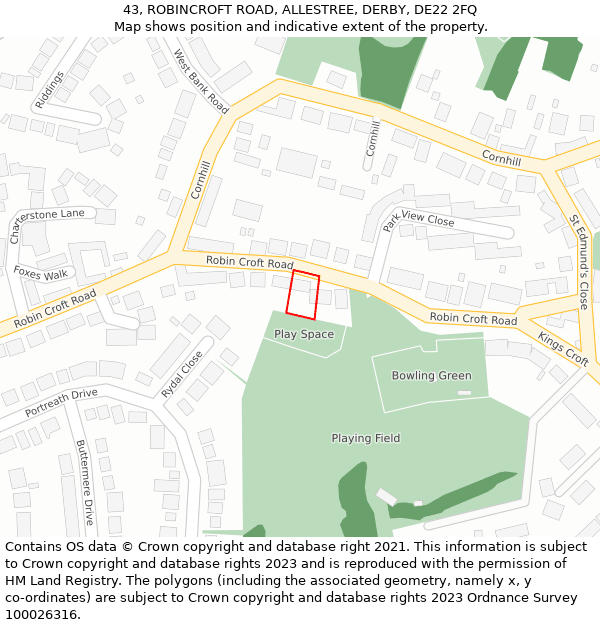 43, ROBINCROFT ROAD, ALLESTREE, DERBY, DE22 2FQ: Location map and indicative extent of plot