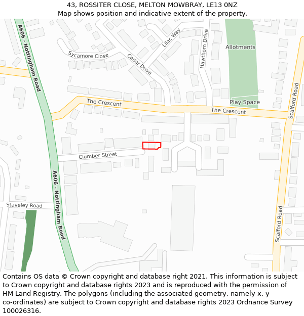 43, ROSSITER CLOSE, MELTON MOWBRAY, LE13 0NZ: Location map and indicative extent of plot