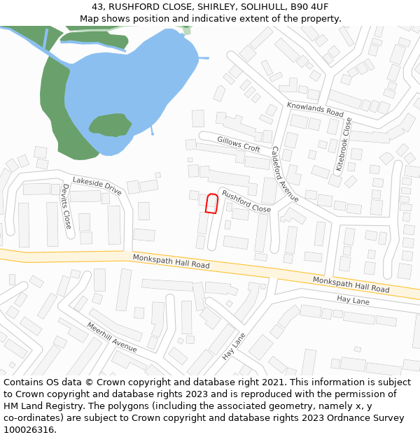 43, RUSHFORD CLOSE, SHIRLEY, SOLIHULL, B90 4UF: Location map and indicative extent of plot