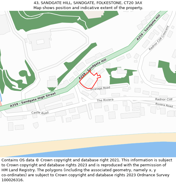 43, SANDGATE HILL, SANDGATE, FOLKESTONE, CT20 3AX: Location map and indicative extent of plot