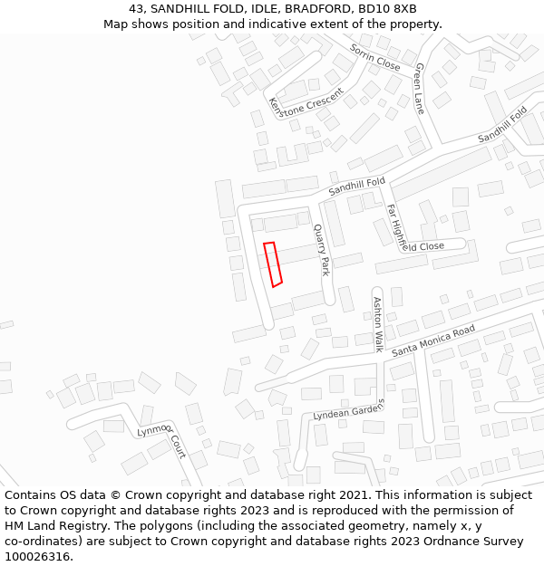 43, SANDHILL FOLD, IDLE, BRADFORD, BD10 8XB: Location map and indicative extent of plot