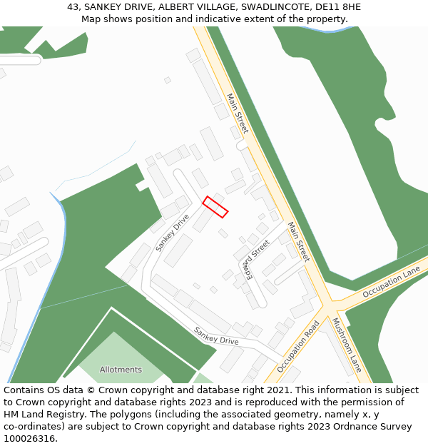 43, SANKEY DRIVE, ALBERT VILLAGE, SWADLINCOTE, DE11 8HE: Location map and indicative extent of plot