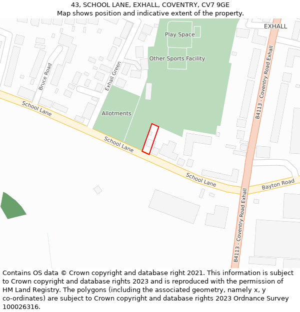 43, SCHOOL LANE, EXHALL, COVENTRY, CV7 9GE: Location map and indicative extent of plot