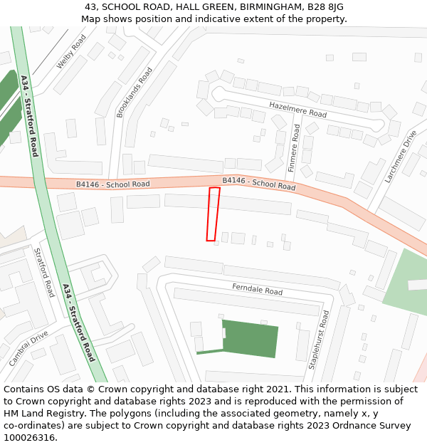 43, SCHOOL ROAD, HALL GREEN, BIRMINGHAM, B28 8JG: Location map and indicative extent of plot