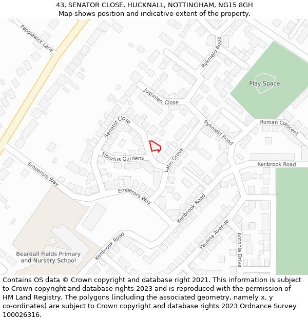 43, SENATOR CLOSE, HUCKNALL, NOTTINGHAM, NG15 8GH: Location map and indicative extent of plot