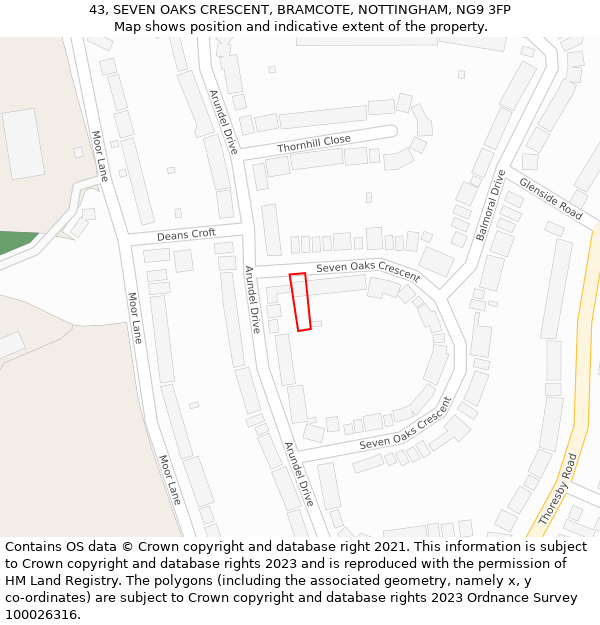 43, SEVEN OAKS CRESCENT, BRAMCOTE, NOTTINGHAM, NG9 3FP: Location map and indicative extent of plot
