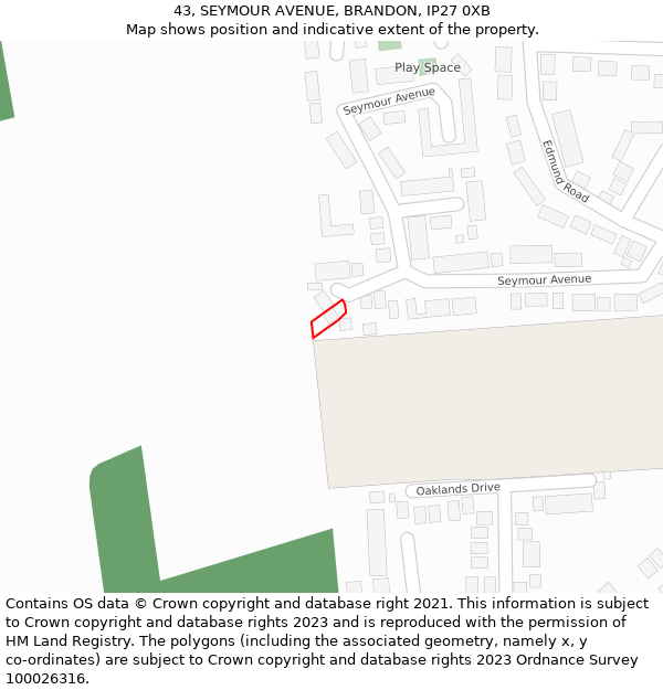 43, SEYMOUR AVENUE, BRANDON, IP27 0XB: Location map and indicative extent of plot