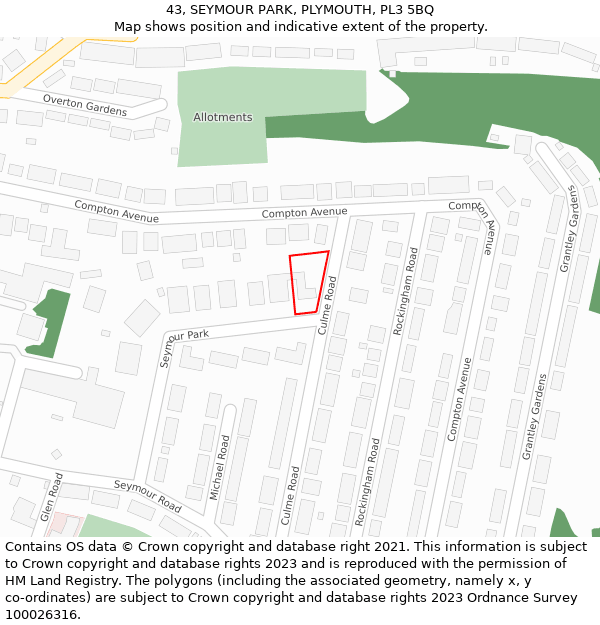 43, SEYMOUR PARK, PLYMOUTH, PL3 5BQ: Location map and indicative extent of plot