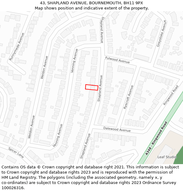 43, SHAPLAND AVENUE, BOURNEMOUTH, BH11 9PX: Location map and indicative extent of plot