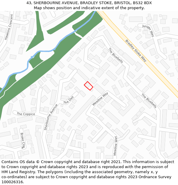43, SHERBOURNE AVENUE, BRADLEY STOKE, BRISTOL, BS32 8DX: Location map and indicative extent of plot