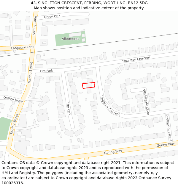 43, SINGLETON CRESCENT, FERRING, WORTHING, BN12 5DG: Location map and indicative extent of plot