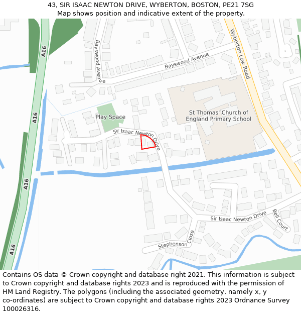 43, SIR ISAAC NEWTON DRIVE, WYBERTON, BOSTON, PE21 7SG: Location map and indicative extent of plot