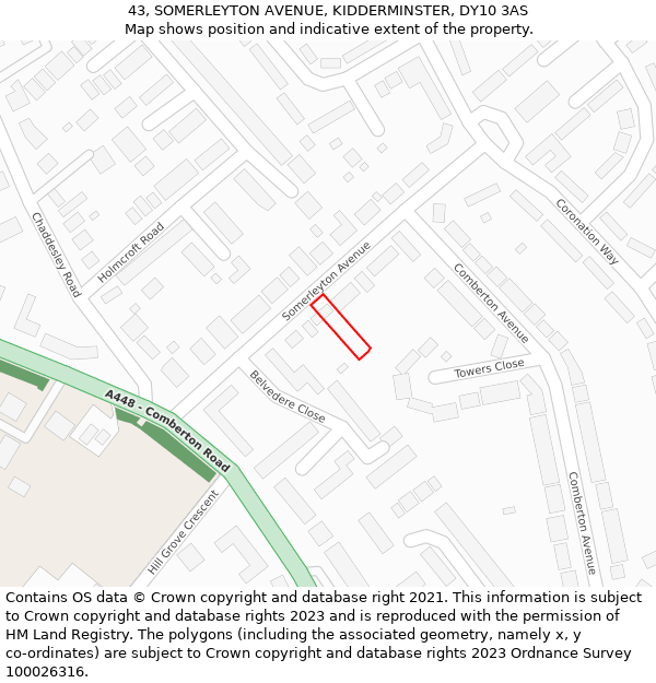 43, SOMERLEYTON AVENUE, KIDDERMINSTER, DY10 3AS: Location map and indicative extent of plot