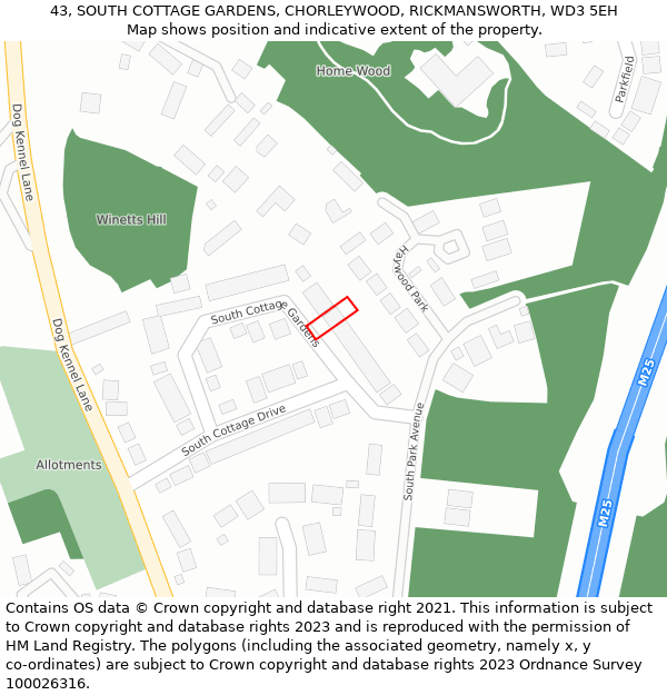 43, SOUTH COTTAGE GARDENS, CHORLEYWOOD, RICKMANSWORTH, WD3 5EH: Location map and indicative extent of plot