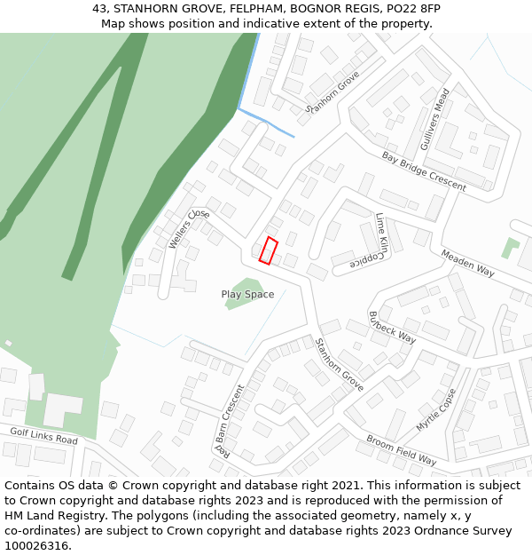 43, STANHORN GROVE, FELPHAM, BOGNOR REGIS, PO22 8FP: Location map and indicative extent of plot