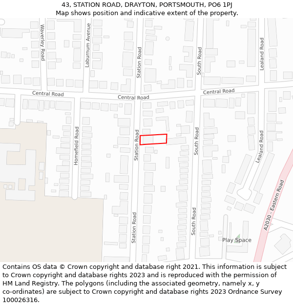 43, STATION ROAD, DRAYTON, PORTSMOUTH, PO6 1PJ: Location map and indicative extent of plot