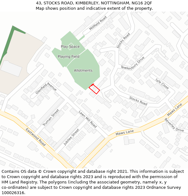 43, STOCKS ROAD, KIMBERLEY, NOTTINGHAM, NG16 2QF: Location map and indicative extent of plot