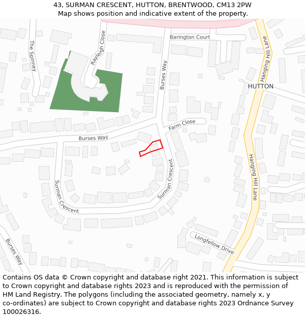 43, SURMAN CRESCENT, HUTTON, BRENTWOOD, CM13 2PW: Location map and indicative extent of plot