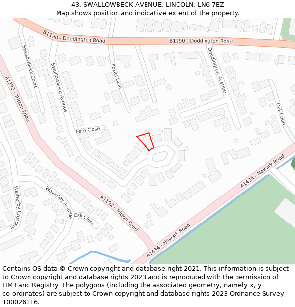 43, SWALLOWBECK AVENUE, LINCOLN, LN6 7EZ: Location map and indicative extent of plot