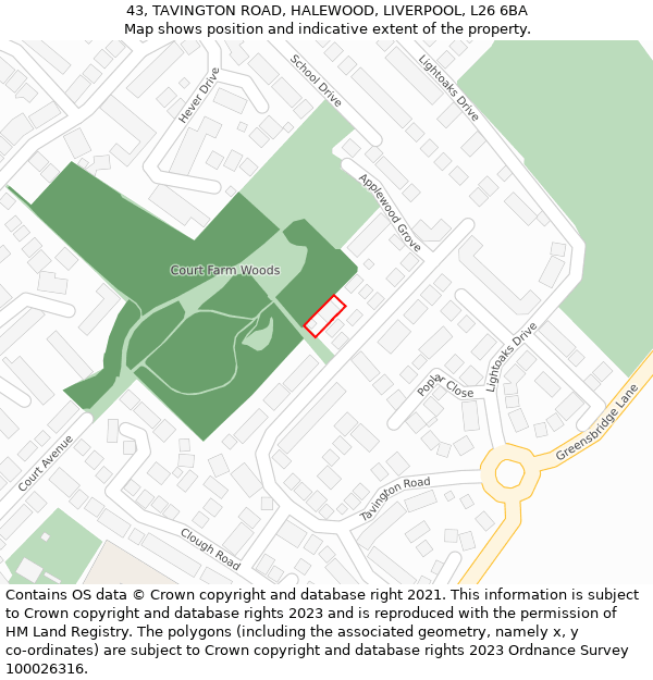 43, TAVINGTON ROAD, HALEWOOD, LIVERPOOL, L26 6BA: Location map and indicative extent of plot