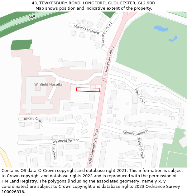 43, TEWKESBURY ROAD, LONGFORD, GLOUCESTER, GL2 9BD: Location map and indicative extent of plot