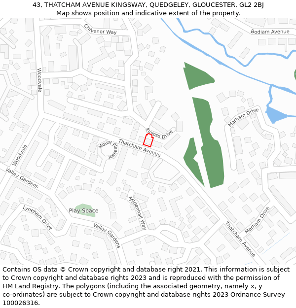 43, THATCHAM AVENUE KINGSWAY, QUEDGELEY, GLOUCESTER, GL2 2BJ: Location map and indicative extent of plot