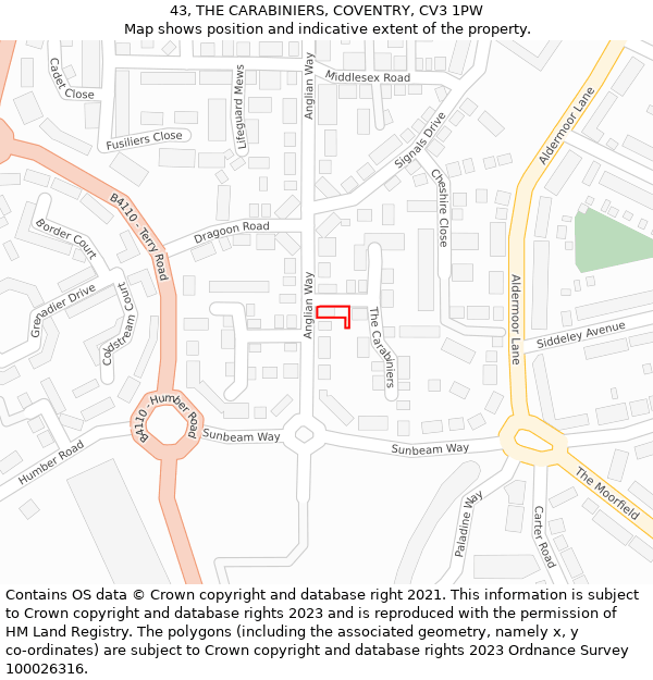 43, THE CARABINIERS, COVENTRY, CV3 1PW: Location map and indicative extent of plot