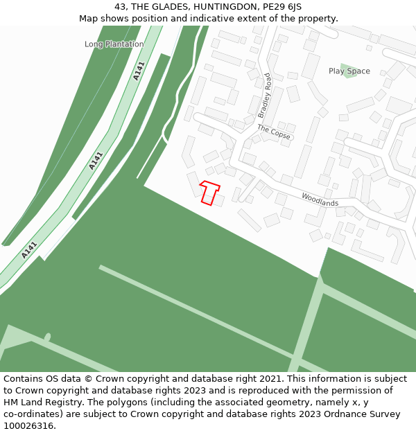 43, THE GLADES, HUNTINGDON, PE29 6JS: Location map and indicative extent of plot