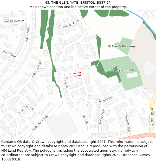 43, THE GLEN, YATE, BRISTOL, BS37 5PJ: Location map and indicative extent of plot