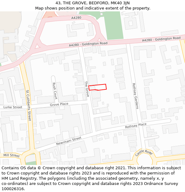 43, THE GROVE, BEDFORD, MK40 3JN: Location map and indicative extent of plot