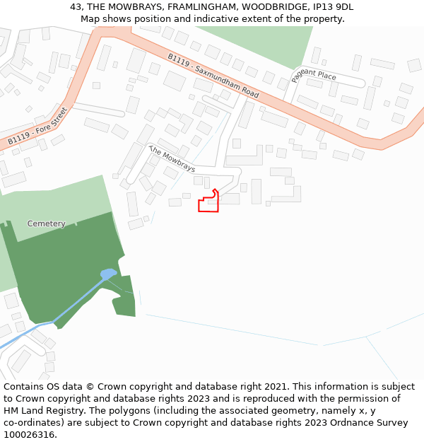43, THE MOWBRAYS, FRAMLINGHAM, WOODBRIDGE, IP13 9DL: Location map and indicative extent of plot
