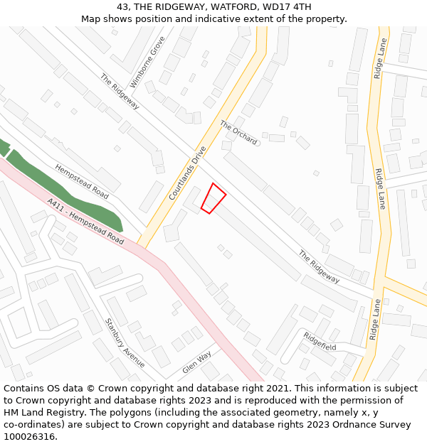43, THE RIDGEWAY, WATFORD, WD17 4TH: Location map and indicative extent of plot