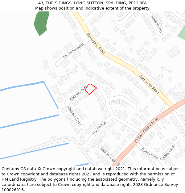 43, THE SIDINGS, LONG SUTTON, SPALDING, PE12 9FA: Location map and indicative extent of plot