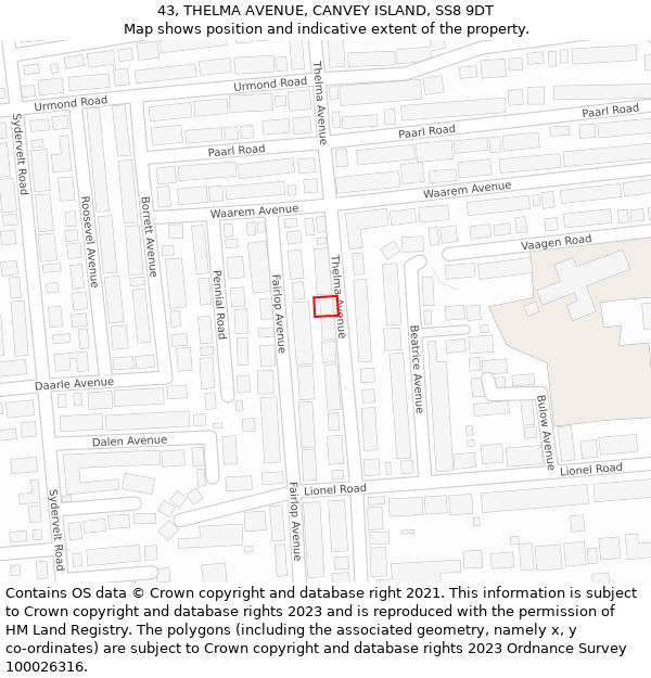 43, THELMA AVENUE, CANVEY ISLAND, SS8 9DT: Location map and indicative extent of plot