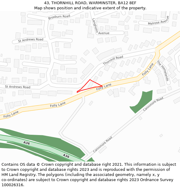 43, THORNHILL ROAD, WARMINSTER, BA12 8EF: Location map and indicative extent of plot