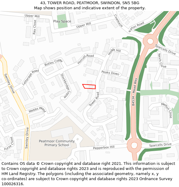 43, TOWER ROAD, PEATMOOR, SWINDON, SN5 5BG: Location map and indicative extent of plot