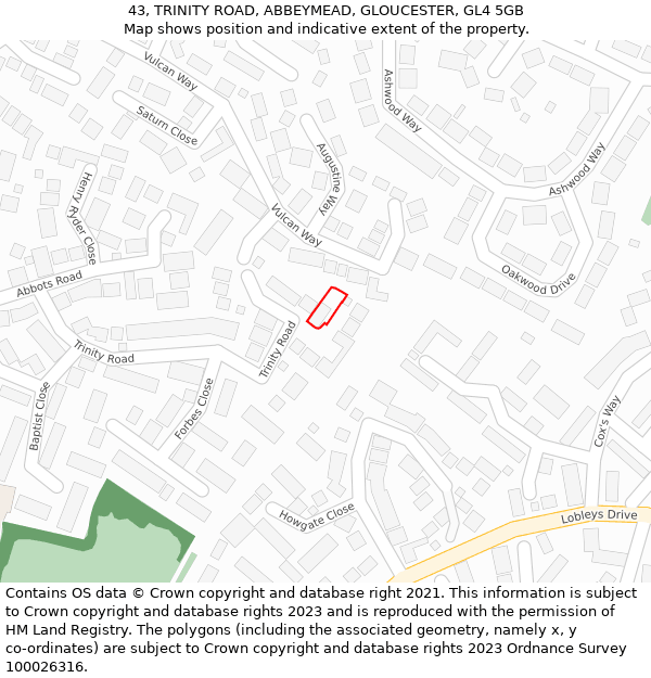 43, TRINITY ROAD, ABBEYMEAD, GLOUCESTER, GL4 5GB: Location map and indicative extent of plot