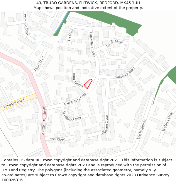 43, TRURO GARDENS, FLITWICK, BEDFORD, MK45 1UH: Location map and indicative extent of plot