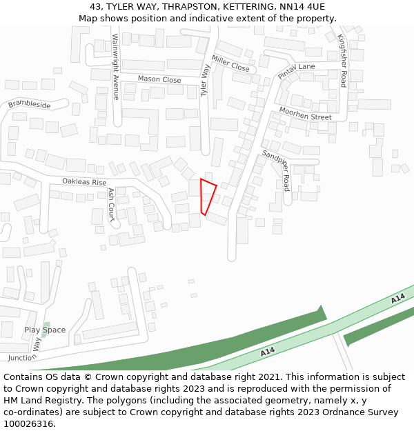 43, TYLER WAY, THRAPSTON, KETTERING, NN14 4UE: Location map and indicative extent of plot