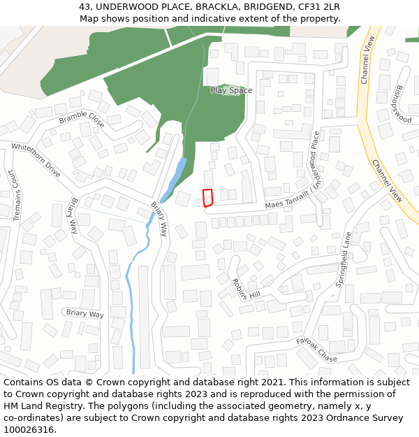 43, UNDERWOOD PLACE, BRACKLA, BRIDGEND, CF31 2LR: Location map and indicative extent of plot