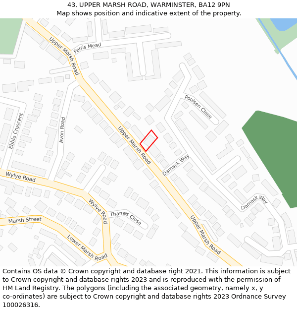 43, UPPER MARSH ROAD, WARMINSTER, BA12 9PN: Location map and indicative extent of plot