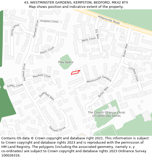 43, WESTMINSTER GARDENS, KEMPSTON, BEDFORD, MK42 8TX: Location map and indicative extent of plot