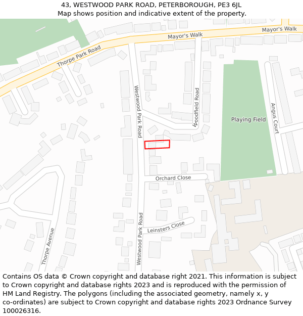 43, WESTWOOD PARK ROAD, PETERBOROUGH, PE3 6JL: Location map and indicative extent of plot