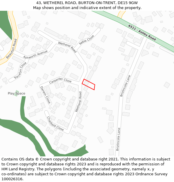 43, WETHEREL ROAD, BURTON-ON-TRENT, DE15 9GW: Location map and indicative extent of plot