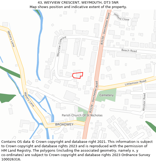 43, WEYVIEW CRESCENT, WEYMOUTH, DT3 5NR: Location map and indicative extent of plot