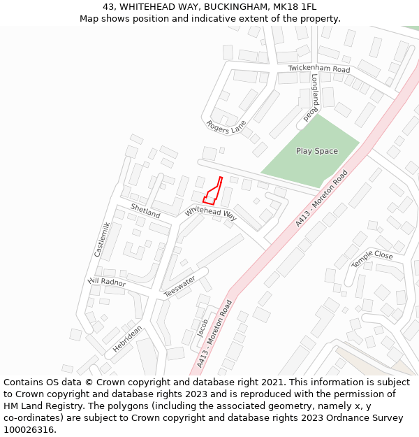 43, WHITEHEAD WAY, BUCKINGHAM, MK18 1FL: Location map and indicative extent of plot