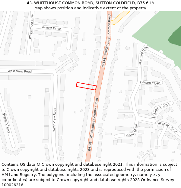 43, WHITEHOUSE COMMON ROAD, SUTTON COLDFIELD, B75 6HA: Location map and indicative extent of plot