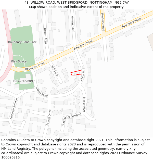 43, WILLOW ROAD, WEST BRIDGFORD, NOTTINGHAM, NG2 7AY: Location map and indicative extent of plot