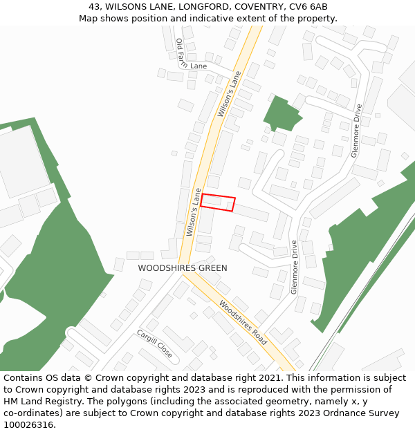 43, WILSONS LANE, LONGFORD, COVENTRY, CV6 6AB: Location map and indicative extent of plot